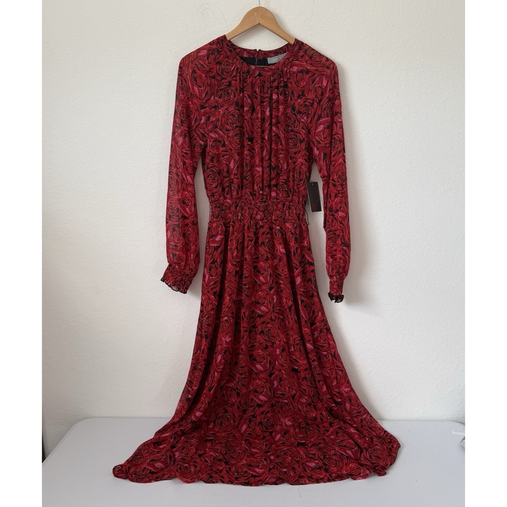 Lark + Grey Maxi Dress L Red Black Rose Dark Floral Long Sleeve Smocked Waist